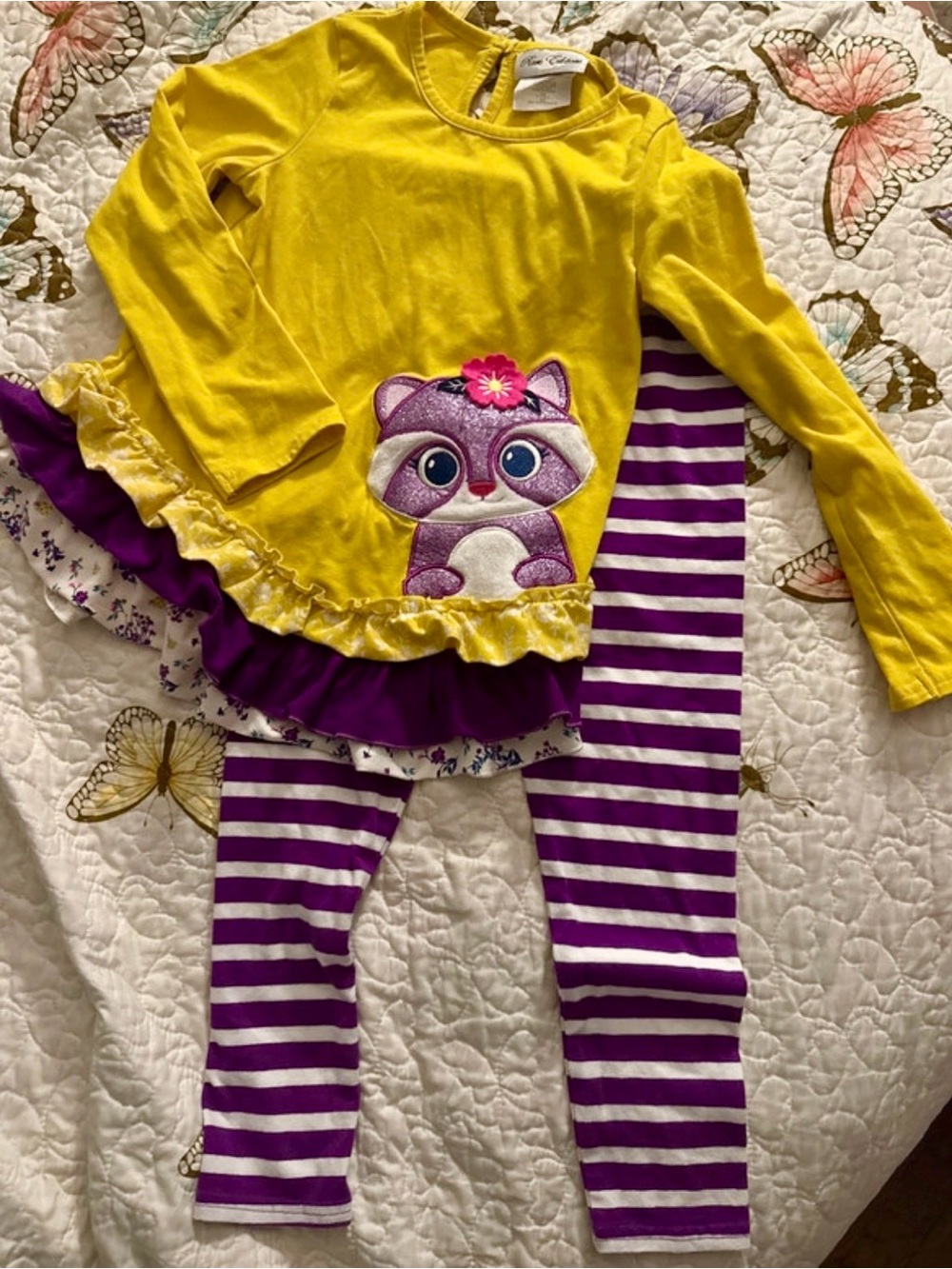 Rare Editions Yellow Top with Purple Striped Leggings Kids Matching Set